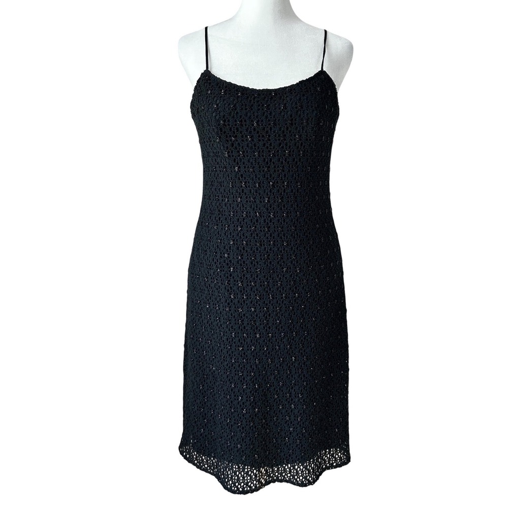 Vintage Y2K JS Boutique Black Beaded Crochet Sheath Dress Spaghetti Strap LBD 8